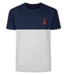 Front view of navy and light grey colour block T-shirt.